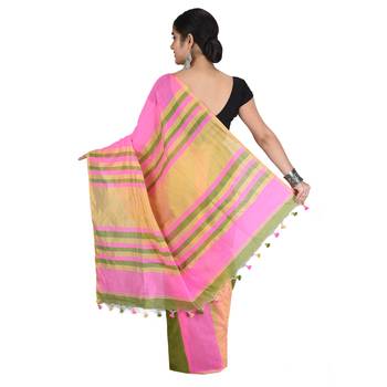 Multicolor plain cotton saree with blouse 2