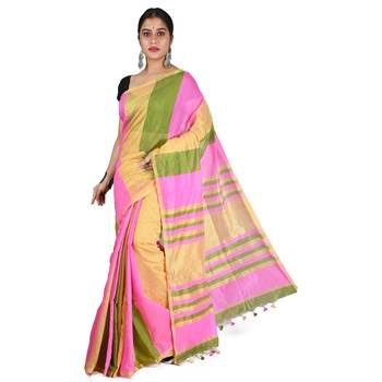 Multicolor plain cotton saree with blouse 3