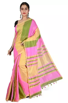 Multicolor plain cotton saree with blouse