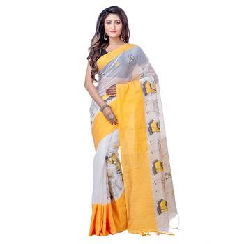 Yellow hand woven cotton saree with blouse 1