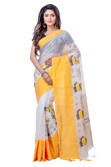 Yellow hand woven cotton saree with blouse