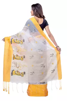 Yellow hand woven cotton saree with blouse