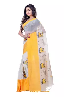 Yellow hand woven cotton saree with blouse