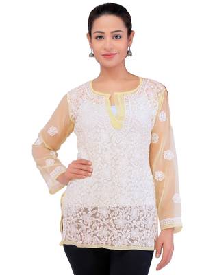 Lavangi Women Lucknowi Chikankari Georgette Short Top (Fawn) 1
