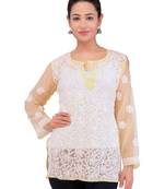 Lavangi Women Lucknowi Chikankari Georgette Short Top (Fawn)