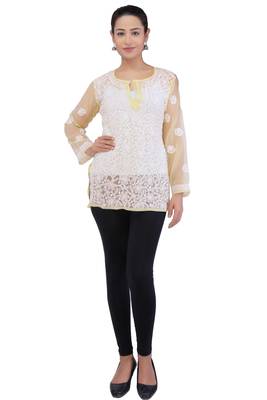 Lavangi Women Lucknowi Chikankari Georgette Short Top (Fawn) 2