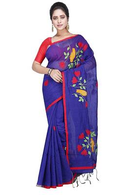 Blue plain cotton silk saree with blouse 1