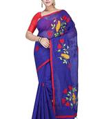 Blue plain cotton silk saree with blouse