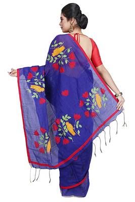 Blue plain cotton silk saree with blouse 2