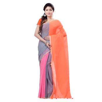 Orange plain cotton silk saree with blouse 1