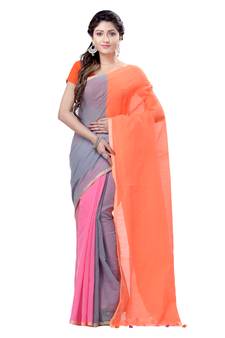 Orange plain cotton silk saree with blouse