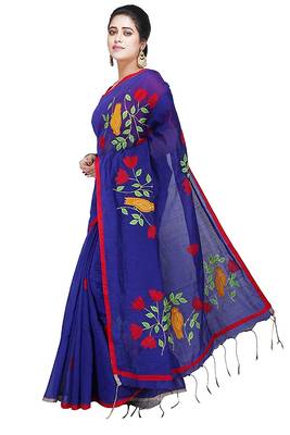 Blue plain cotton silk saree with blouse 3
