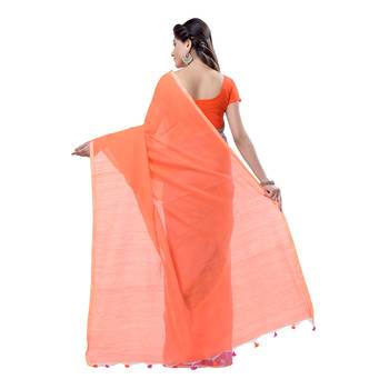 Orange plain cotton silk saree with blouse 2