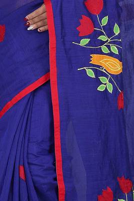 Blue plain cotton silk saree with blouse 4