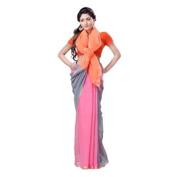 Orange plain cotton silk saree with blouse 3