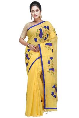 Yellow plain cotton silk saree with blouse 1