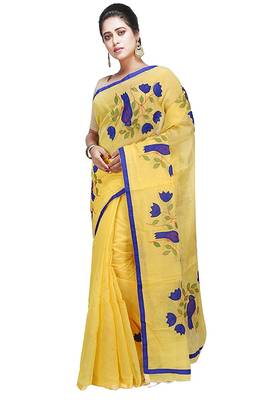 Yellow plain cotton silk saree with blouse 3