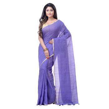 Purple plain cotton silk saree with blouse 1
