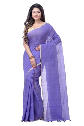 Purple plain cotton silk saree with blouse