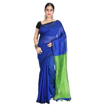 Green plain cotton silk saree with blouse 1