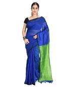 Green plain cotton silk saree with blouse