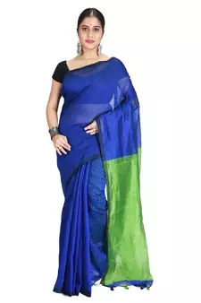 Green plain cotton silk saree with blouse