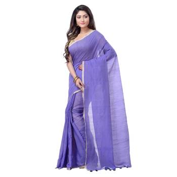 Purple plain cotton silk saree with blouse 4