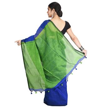 Green plain cotton silk saree with blouse 3