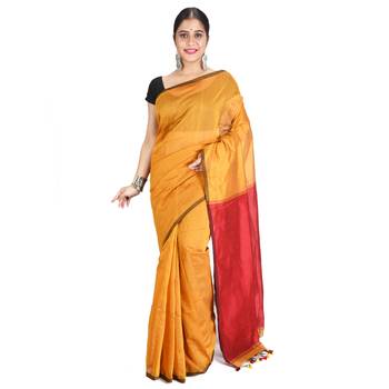 Yellow plain cotton silk saree with blouse 1