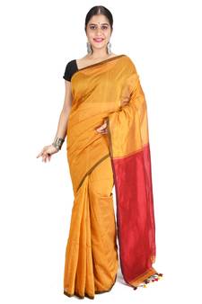 Yellow plain cotton silk saree with blouse