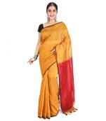 Yellow plain cotton silk saree with blouse