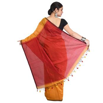 Yellow plain cotton silk saree with blouse 2