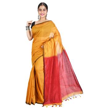 Yellow plain cotton silk saree with blouse 3