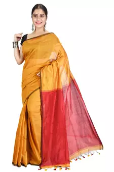 Yellow plain cotton silk saree with blouse
