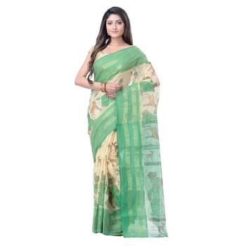Green Printed Cotton Saree Without Blouse 1