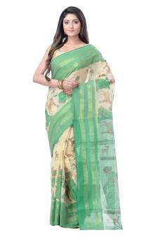 Green Printed Cotton Saree Without Blouse