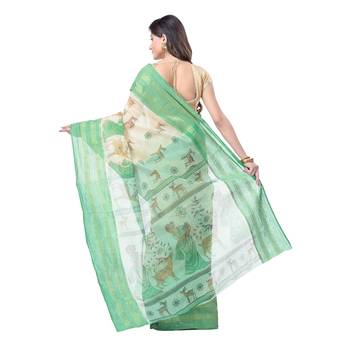 Green Printed Cotton Saree Without Blouse 2