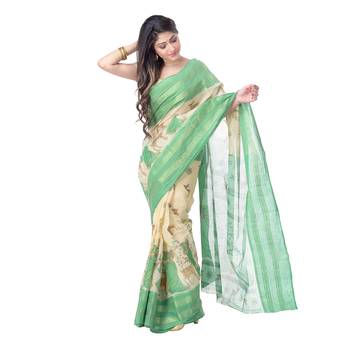 Green Printed Cotton Saree Without Blouse 3
