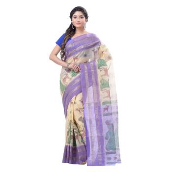 Lavender Printed Cotton Saree Without Blouse 1