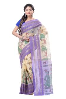 Lavender Printed Cotton Saree Without Blouse