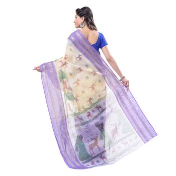 Lavender Printed Cotton Saree Without Blouse 2