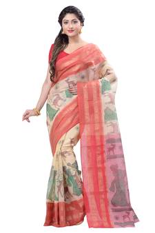 Red Printed Cotton Saree Without Blouse