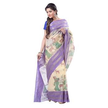 Lavender Printed Cotton Saree Without Blouse 3