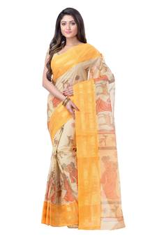 Yellow Printed Cotton Saree Without Blouse