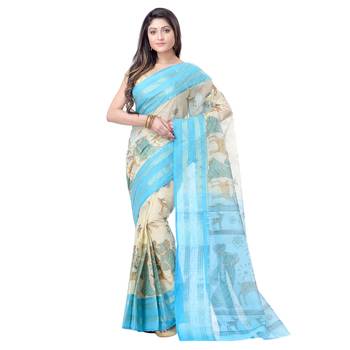 Aqua Blue Printed Cotton Saree Without Blouse 1