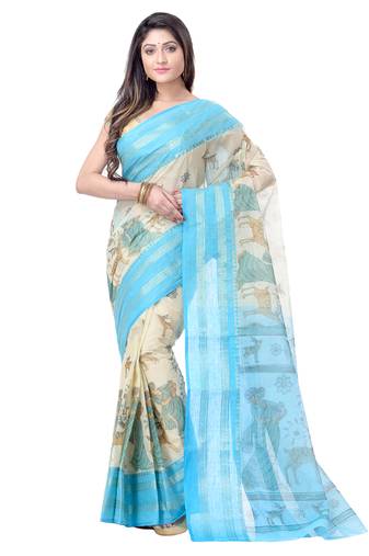 Aqua Blue Printed Cotton Saree Without Blouse