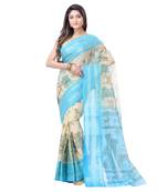 Aqua Blue Printed Cotton Saree Without Blouse