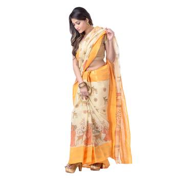 Yellow Printed Cotton Saree Without Blouse 3