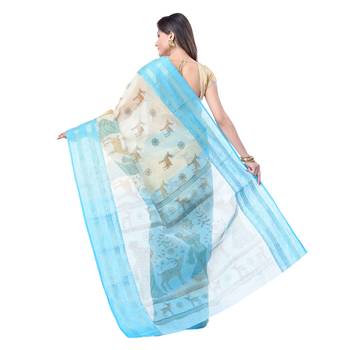 Aqua Blue Printed Cotton Saree Without Blouse 2