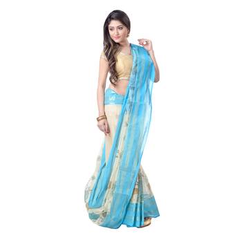 Aqua Blue Printed Cotton Saree Without Blouse 3
